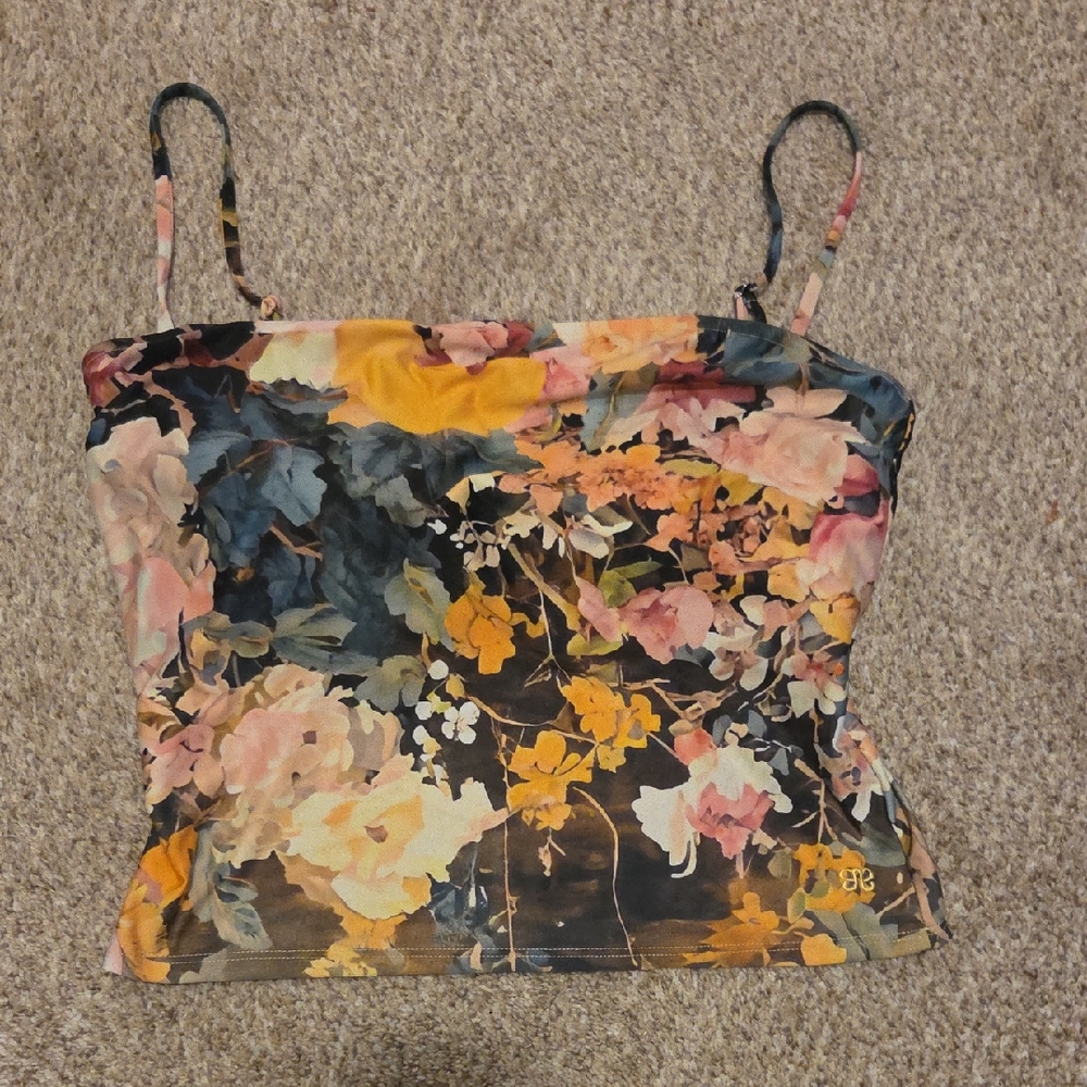 Albion Floral Spaghetti-Strap Crop Swim Tankini Floral Top  Womens Large